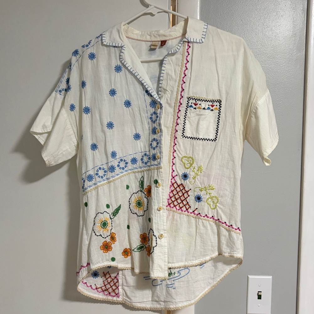 Embroidered Patchwork Short Sleeve Button-Up